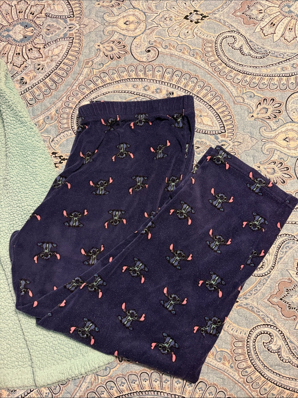Disney Mint Green Fleece Stitch Pajama Top with Navy Stitch Print Pants - Picture 3 of 6